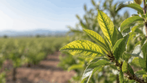 Clorosis internerval en hojas jóvenes asociada a baja disponibilidad de hierro en la planta