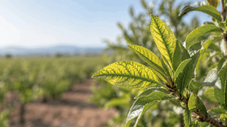 Clorosis internerval en hojas jóvenes asociada a baja disponibilidad de hierro en la planta