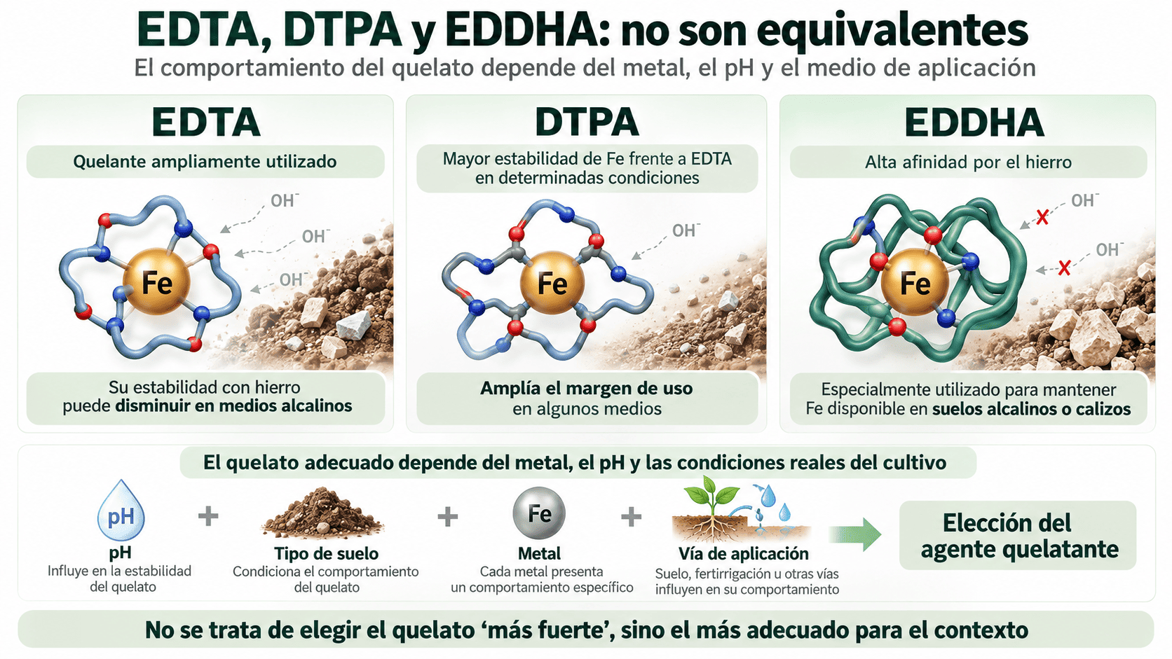 Infografía comparativa sobre EDTA, DTPA y EDDHA como agentes quelatantes de hierro