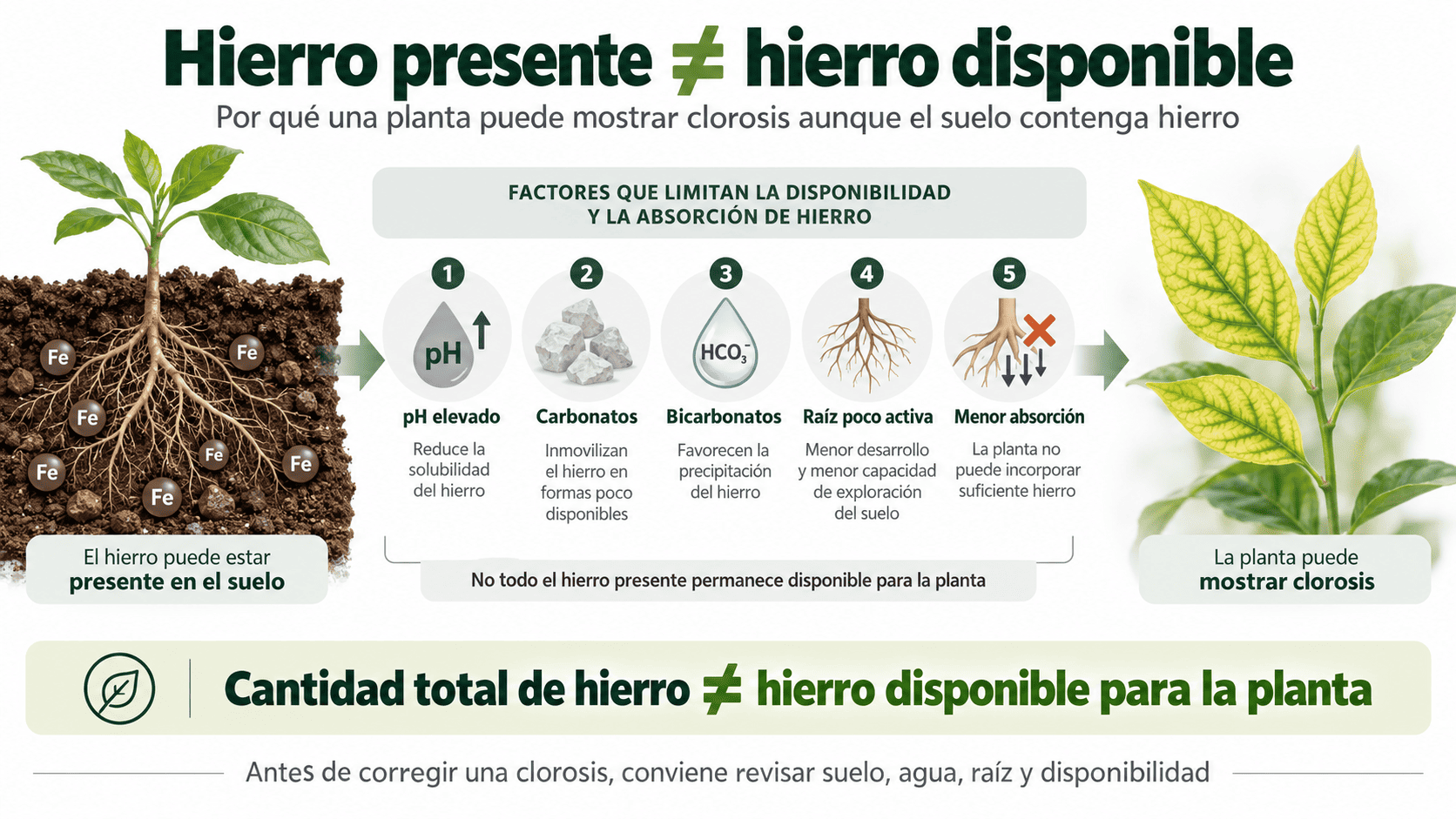 Infografía sobre la diferencia entre hierro presente en el suelo y hierro disponible para la planta