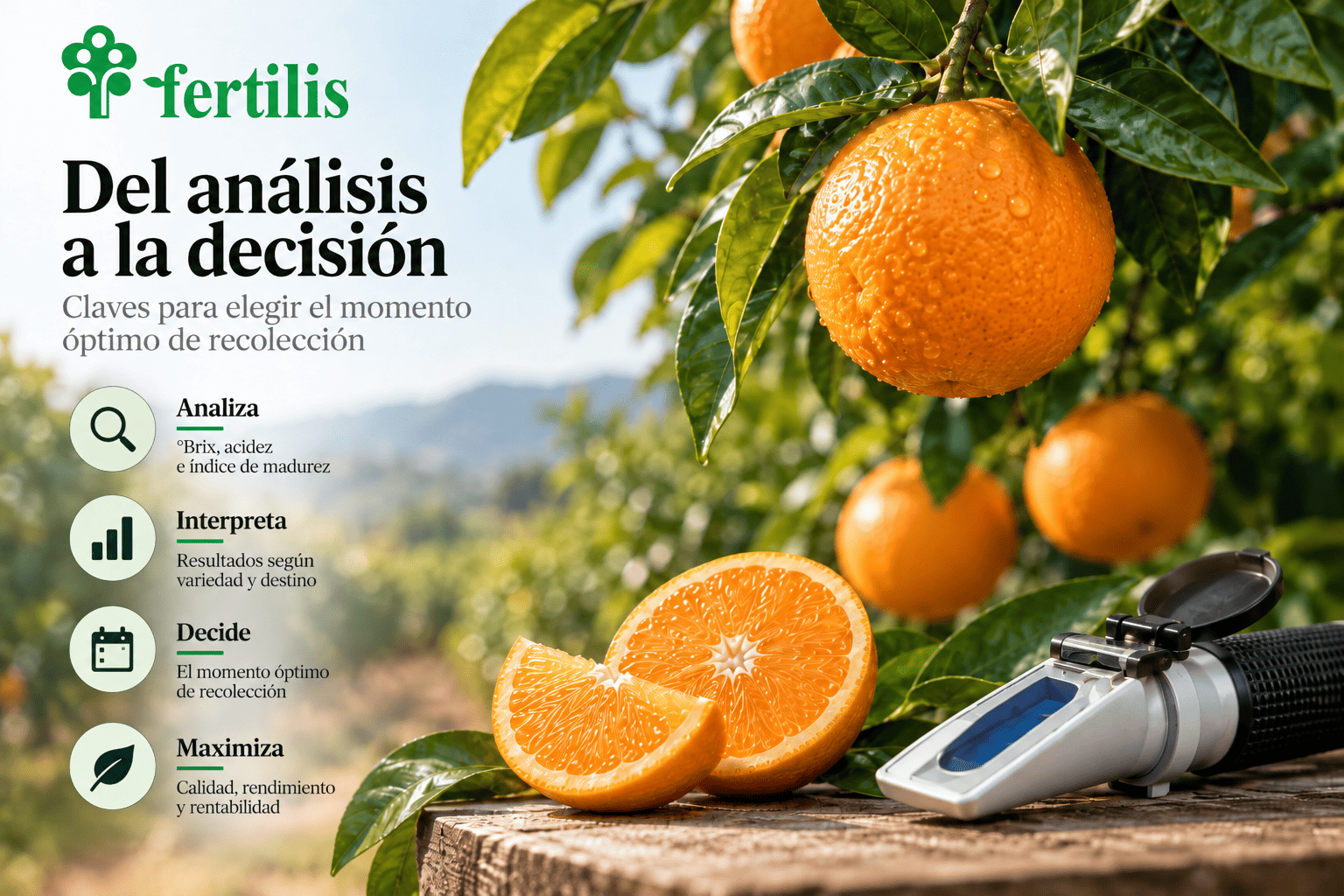 Del análisis a la decisión en cítricos: medir grados Brix y acidez, interpretar los resultados y decidir el momento de recolección
