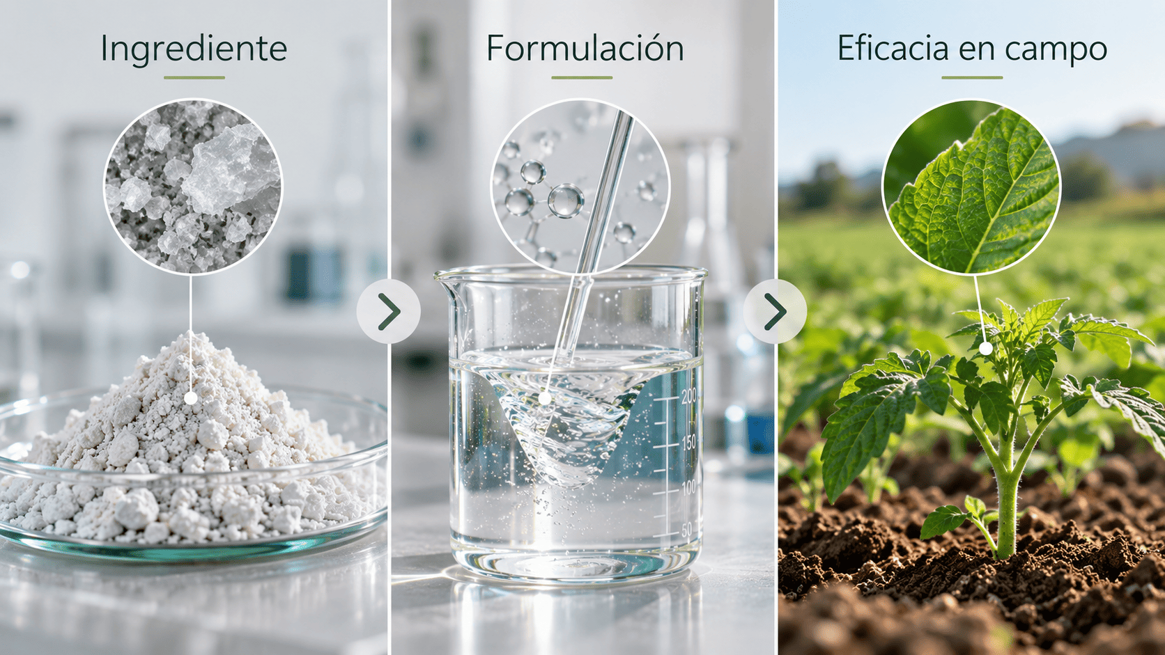 Infografía técnica sobre evaluación de materias primas y formulación agrícola